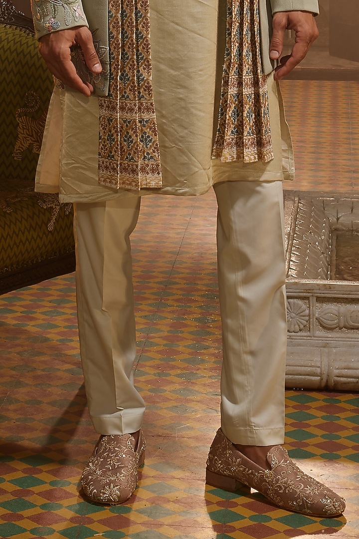 Sage Green Textured Stretch Fabric Embroidered Wedding Indowestern Set by ASUKA at Pernia's Pop Up Shop