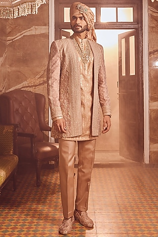 Bronze Raw Silk Dabka Embroidered Indowestern Set by ASUKA