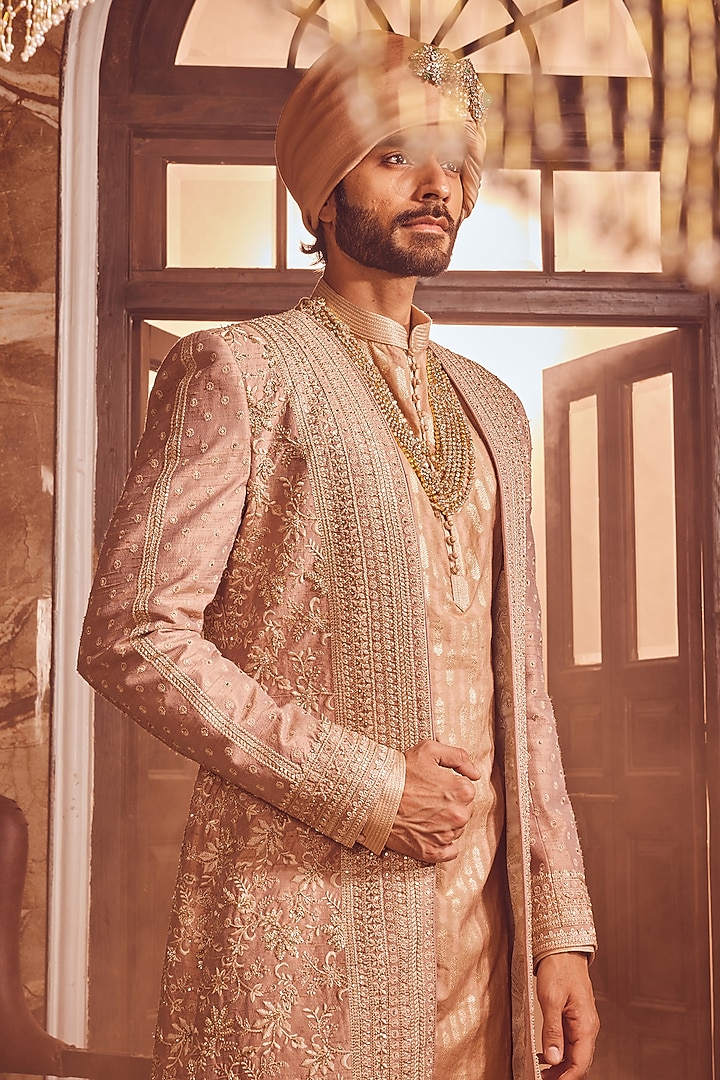 Bronze Raw Silk Dabka Embroidered Groom Indowestern Set by ASUKA at Pernia's Pop Up Shop