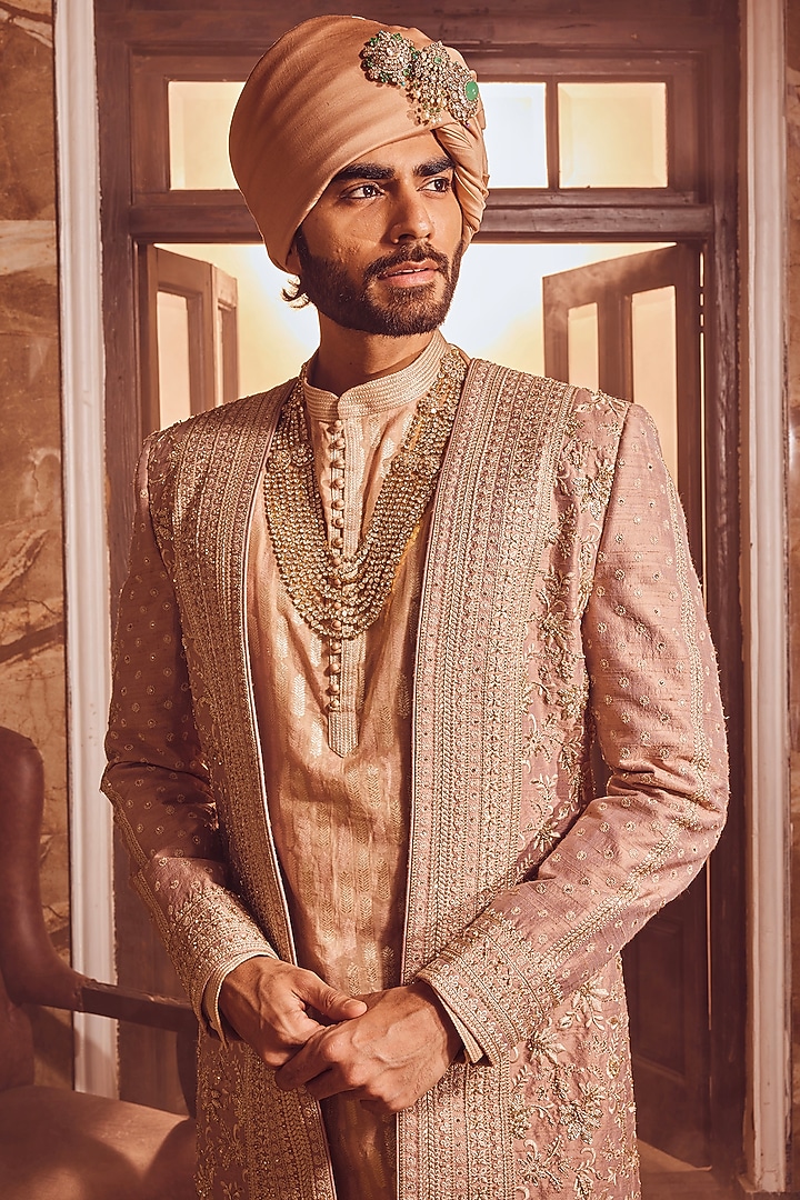 Bronze Raw Silk Dabka Embroidered Groom Indowestern Set by ASUKA at Pernia's Pop Up Shop