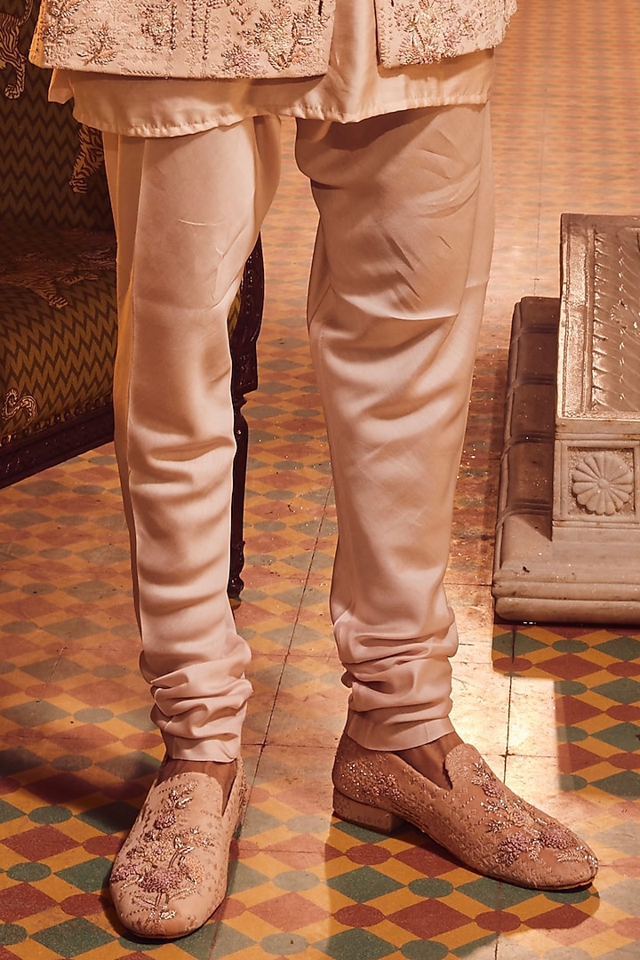 Salmon Pink Velvet Zardosi Work Groom Bandhgala Set by ASUKA at Pernia's Pop Up Shop