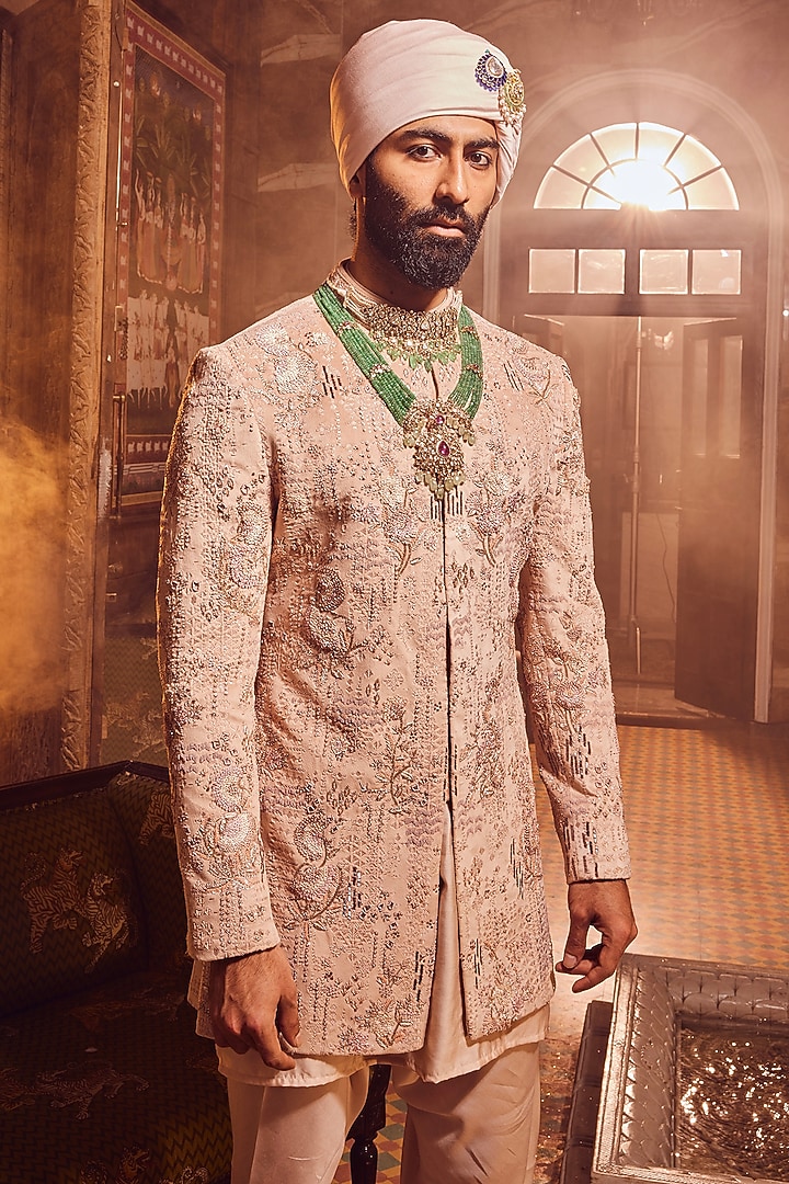 Salmon Pink Velvet Zardosi Work Groom Bandhgala Set by ASUKA at Pernia's Pop Up Shop