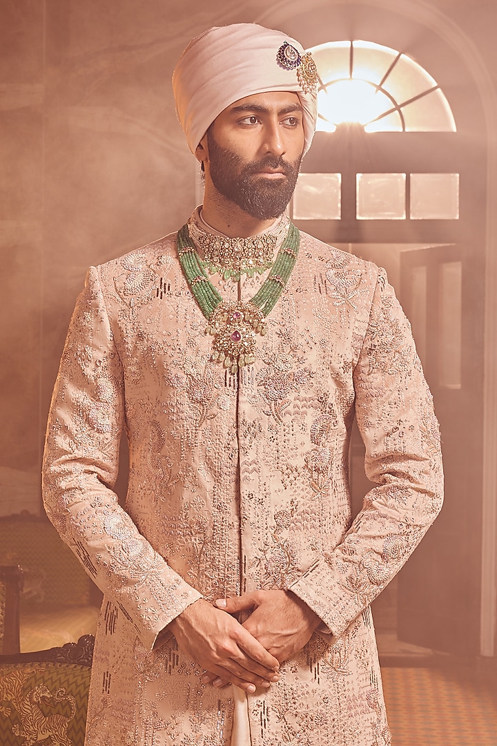 Salmon Pink Velvet Zardosi Work Groom Bandhgala Set by ASUKA at Pernia's Pop Up Shop