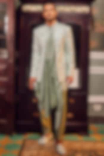 Sage Green Jacquard Resham Work Wedding Indowestern Set by ASUKA at Pernia's Pop Up Shop