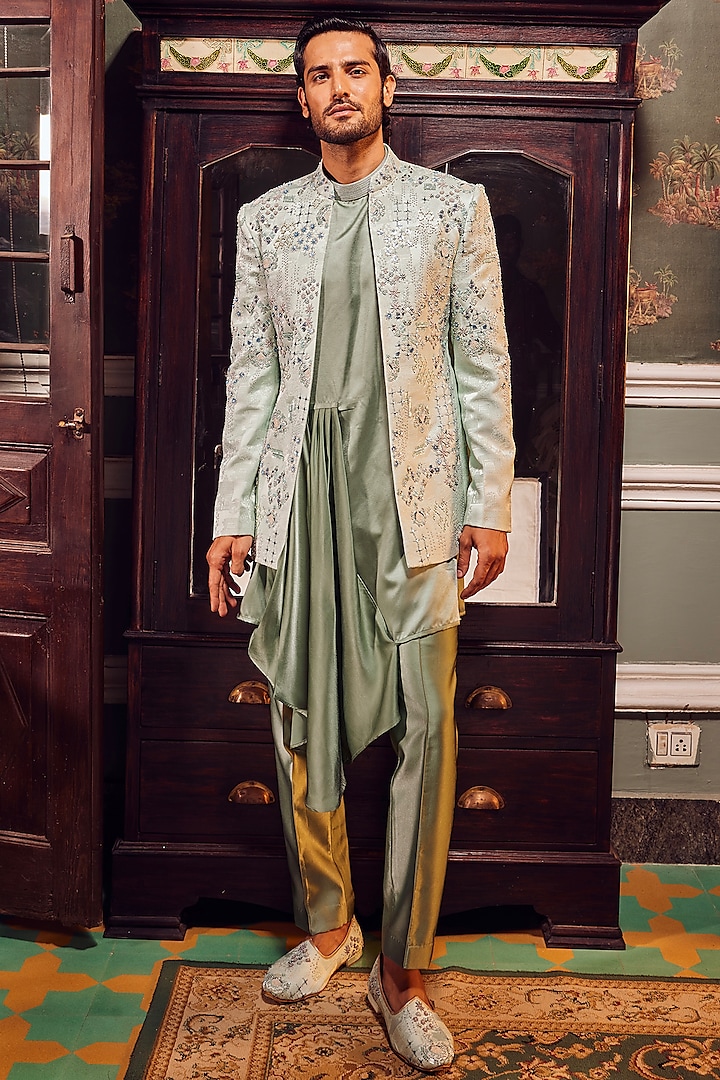 Sage Green Jacquard Resham Work Wedding Indowestern Set by ASUKA at Pernia's Pop Up Shop