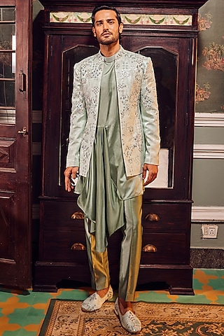 Sage Green Jacquard Resham Work Indowestern Set by ASUKA