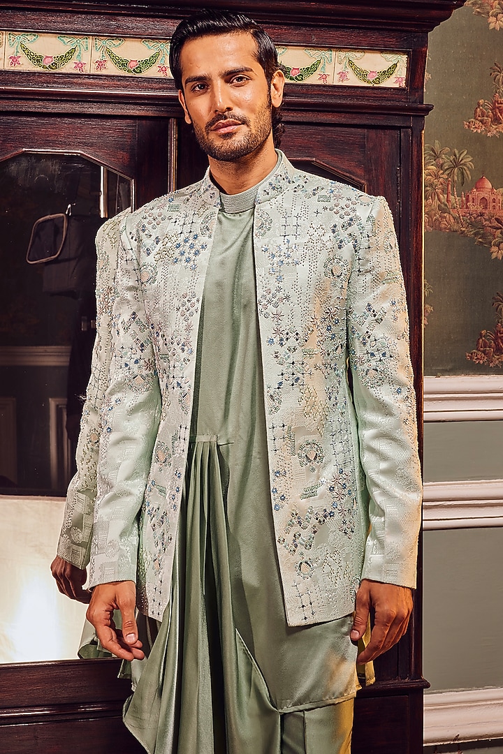 Sage Green Jacquard Resham Work Wedding Indowestern Set by ASUKA at Pernia's Pop Up Shop
