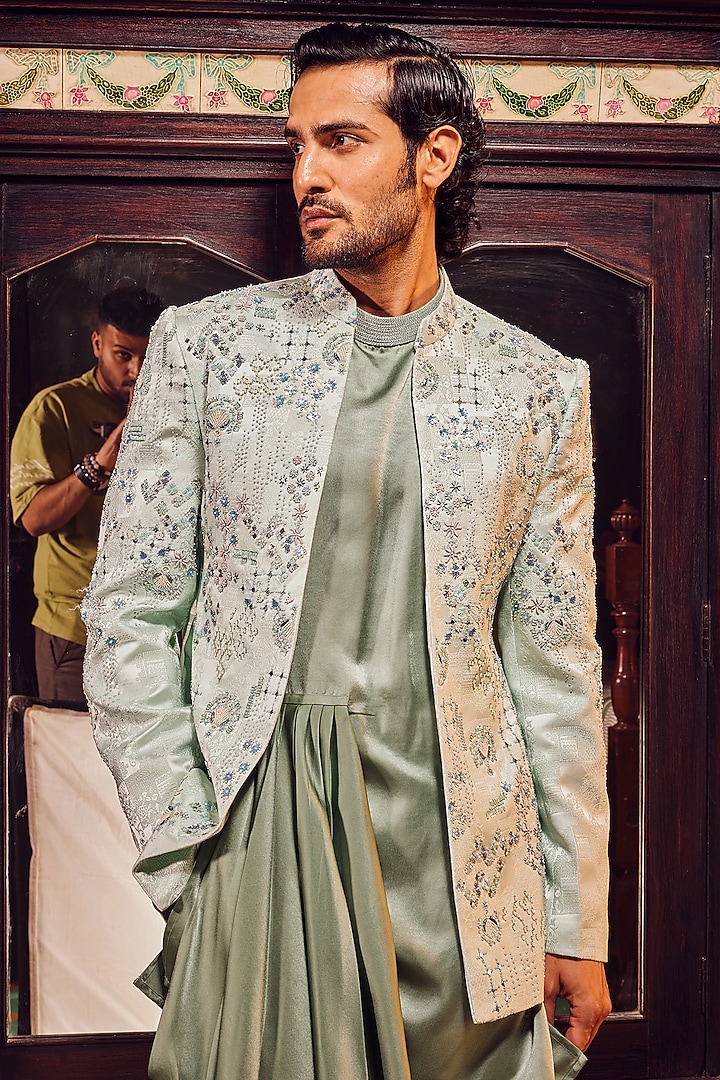 Sage Green Jacquard Resham Work Wedding Indowestern Set by ASUKA at Pernia's Pop Up Shop
