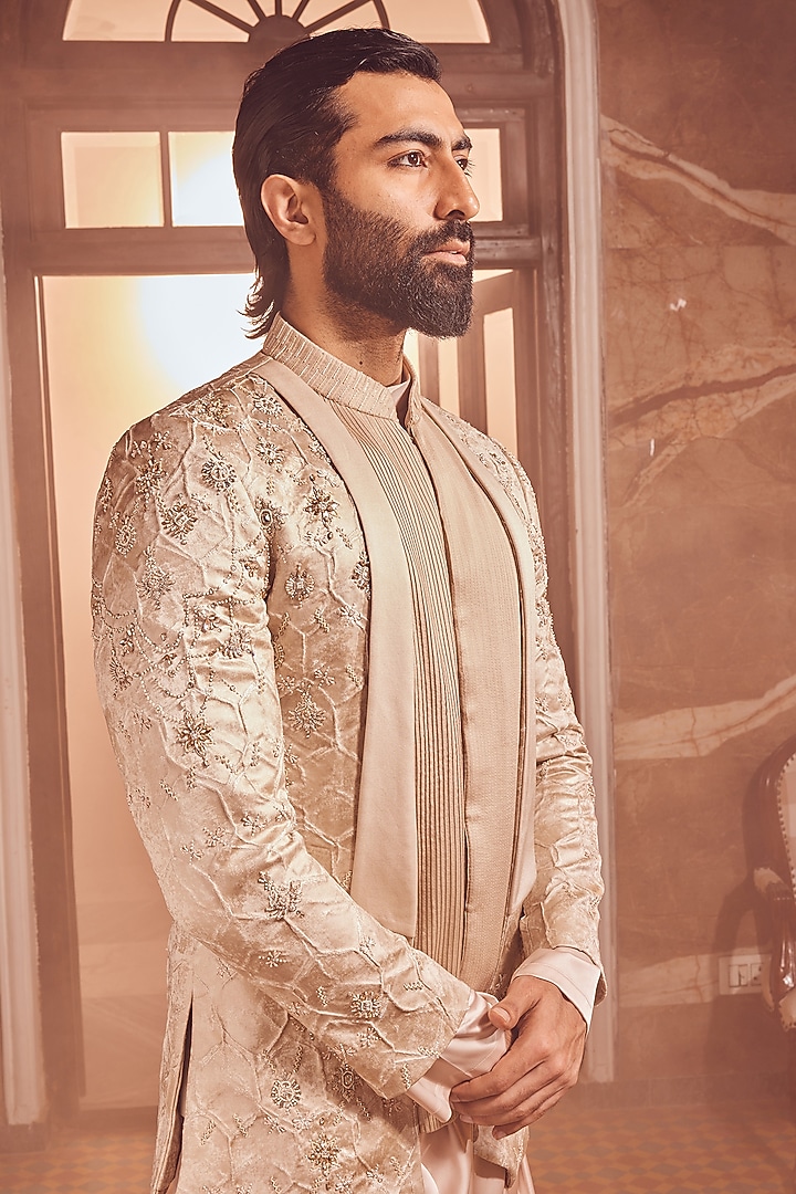 Champagne Silk Brocade Dabka Work Wedding Indowestern Set by ASUKA at Pernia's Pop Up Shop