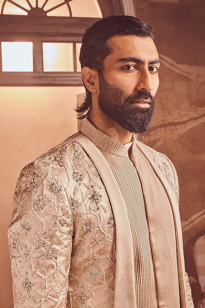 Champagne Silk Brocade Dabka Work Wedding Indowestern Set by ASUKA at Pernia's Pop Up Shop