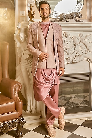 Lilac Silk Brocade Cutdana Work Bandhgala Set by ASUKA