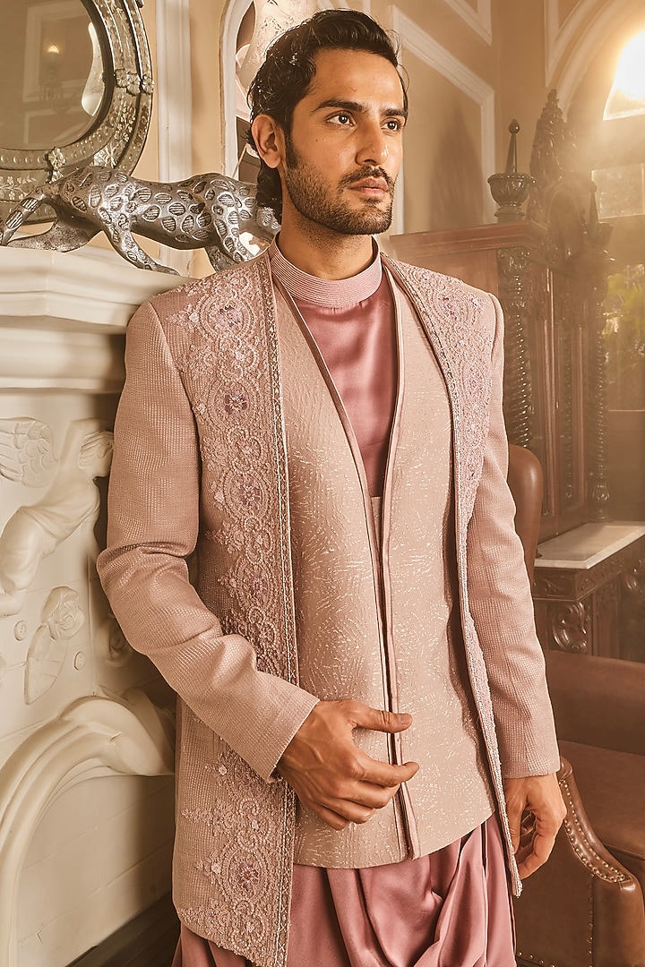Lilac Silk Brocade Cutdana Work Wedding Bandhgala Set by ASUKA at Pernia's Pop Up Shop