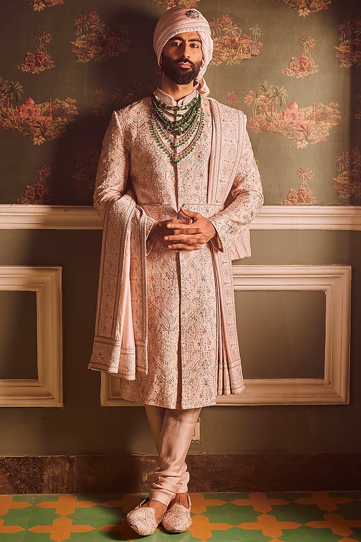 Light Pink Palm Silk Sequins Hand Embroidered Sherwani Set by ASUKA