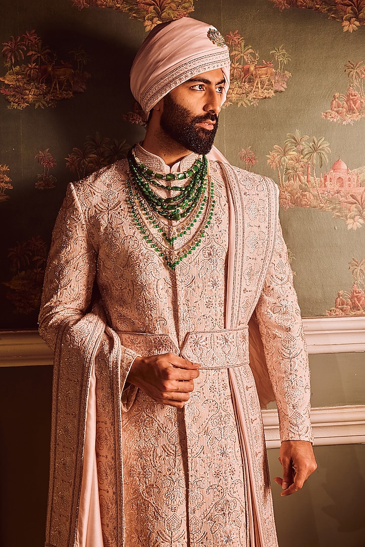 Light Pink Palm Silk Sequins Hand Embroidered Groom Sherwani Set by ASUKA at Pernia's Pop Up Shop