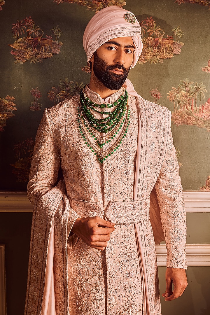 Light Pink Palm Silk Sequins Hand Embroidered Groom Sherwani Set by ASUKA at Pernia's Pop Up Shop