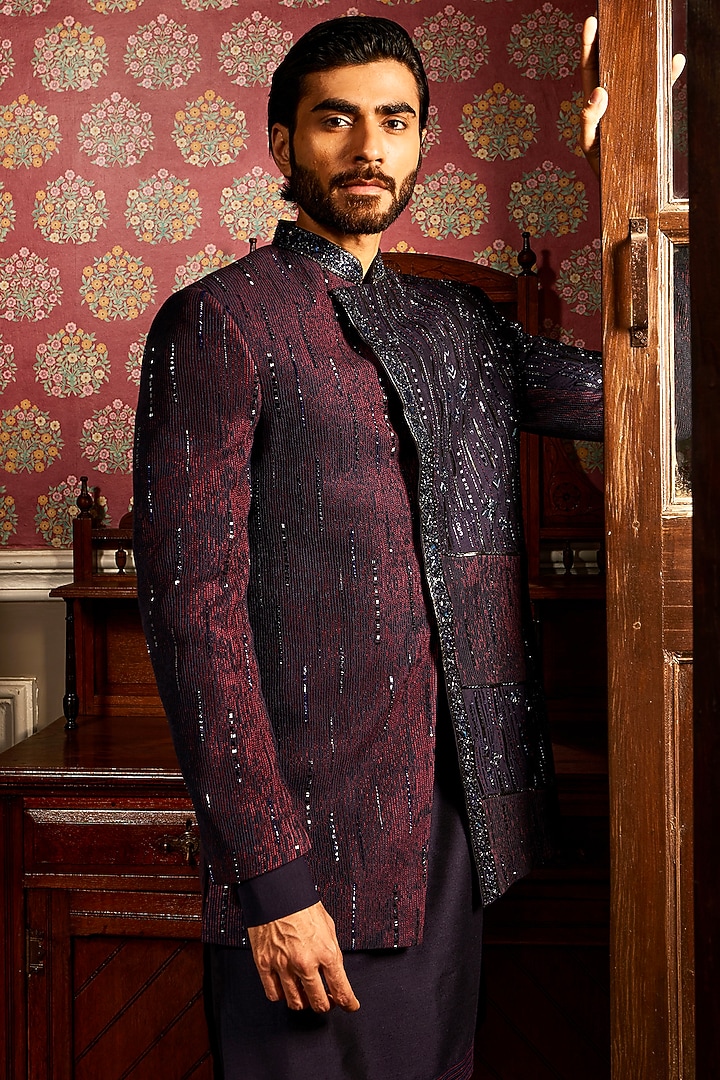 Twilight Blue Cotton Silk Sequins Work Asymmetric Wedding Indowestern Set by ASUKA at Pernia's Pop Up Shop