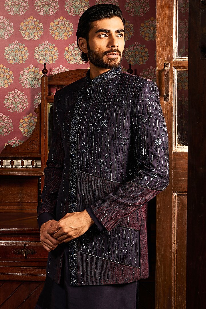 Twilight Blue Cotton Silk Sequins Work Asymmetric Wedding Indowestern Set by ASUKA at Pernia's Pop Up Shop