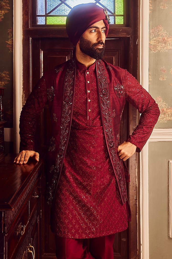 Ruby Chanderi Resham Embroidered Bundi Jacket Set by ASUKA at Pernia's Pop Up Shop