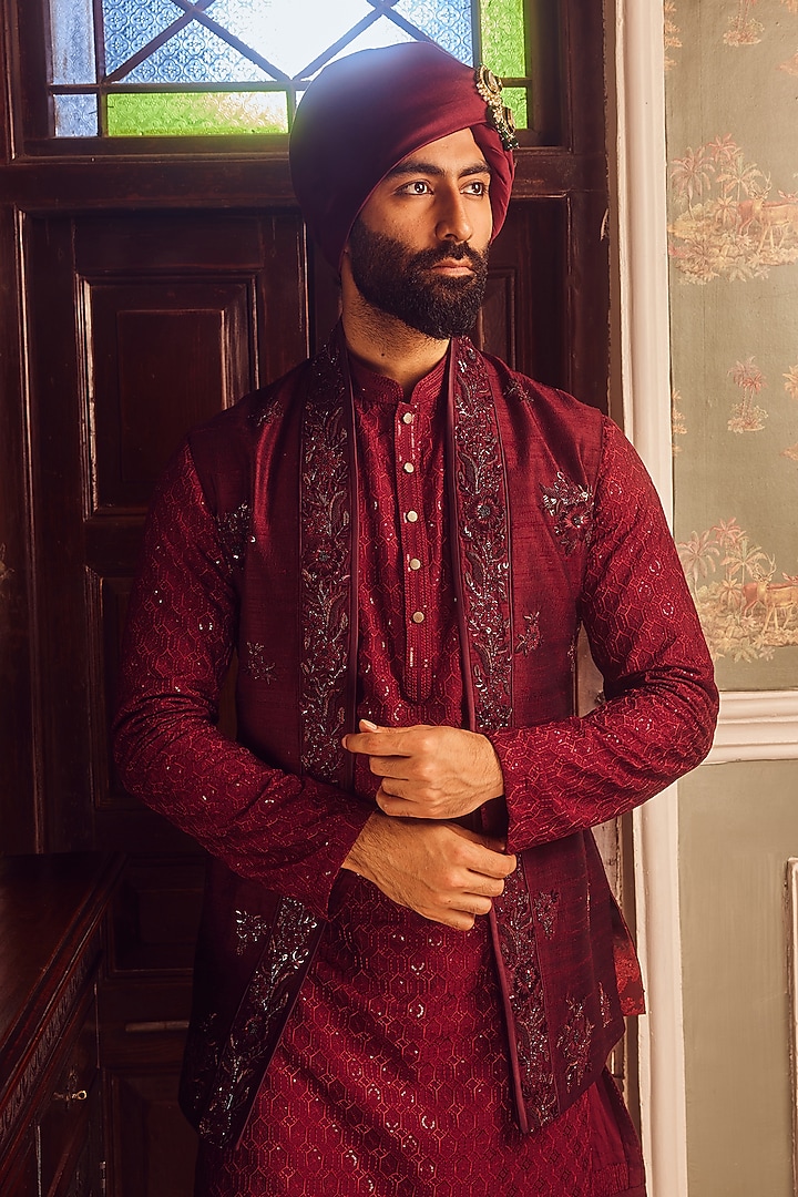 Ruby Chanderi Resham Embroidered Bundi Jacket Set by ASUKA at Pernia's Pop Up Shop