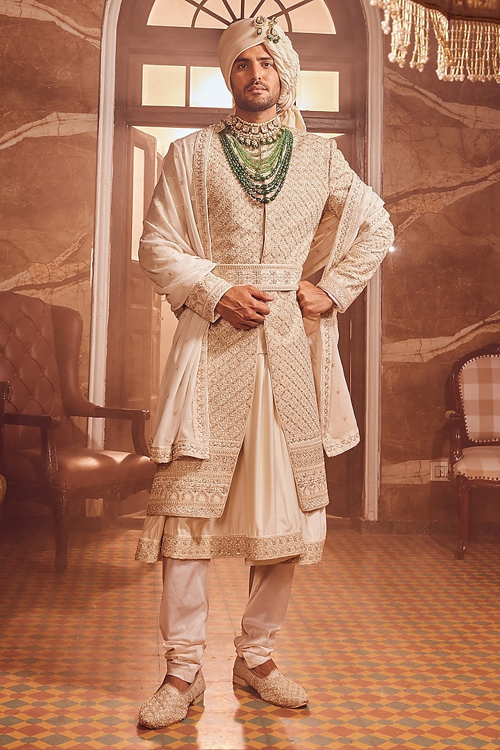 Ivory Raw Silk Zardosi Embroidered Sherwani Set by ASUKA