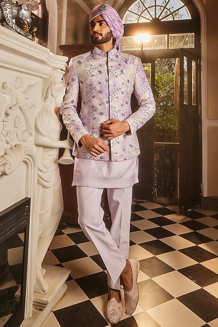 Lilac Chanderi Silk Resham Embroidered Bandhgala Set by ASUKA