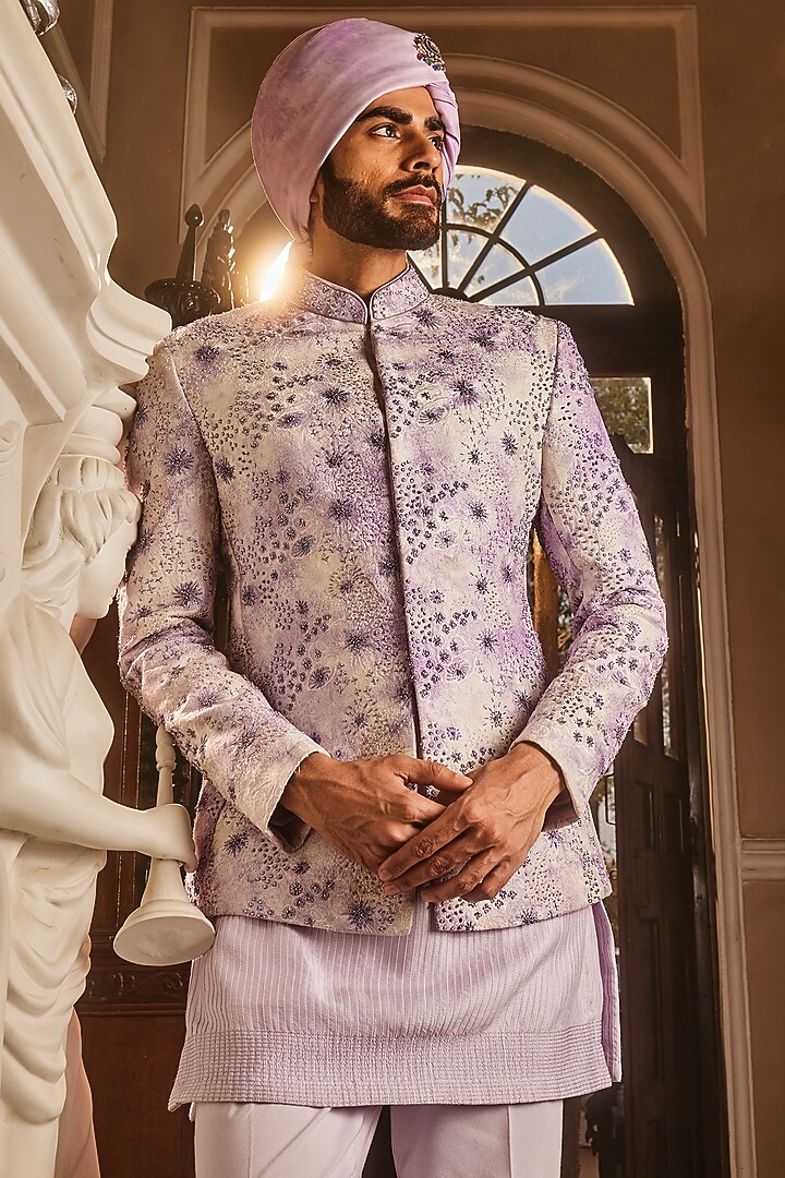 Lilac Chanderi Silk Resham Embroidered Wedding Bandhgala Set by ASUKA at Pernia's Pop Up Shop