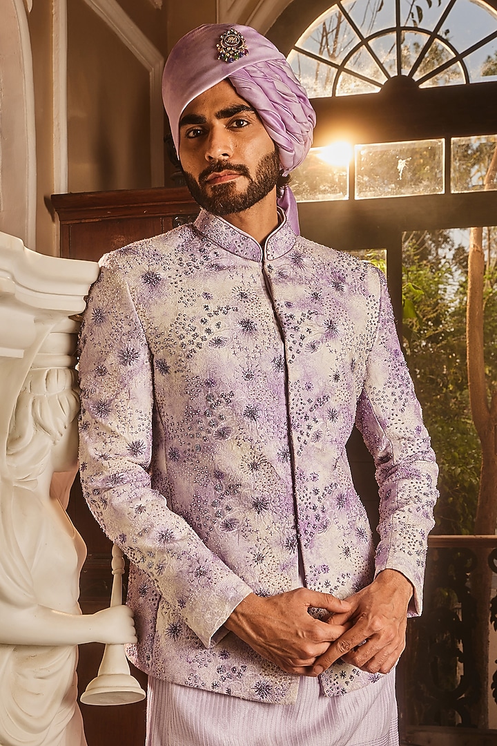 Lilac Chanderi Silk Resham Embroidered Wedding Bandhgala Set by ASUKA at Pernia's Pop Up Shop