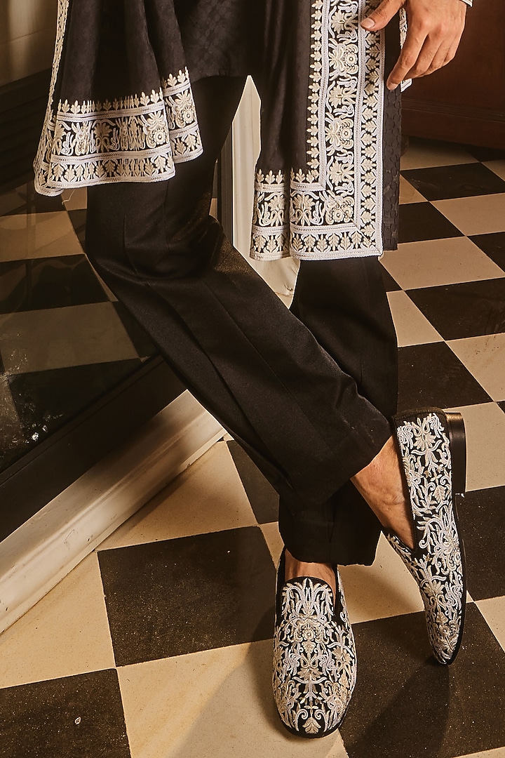 Black Raw Silk Dori Work Wedding Indowestern Set by ASUKA at Pernia's Pop Up Shop