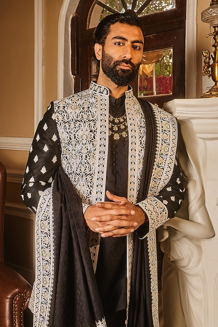 Black Raw Silk Dori Work Wedding Indowestern Set by ASUKA at Pernia's Pop Up Shop