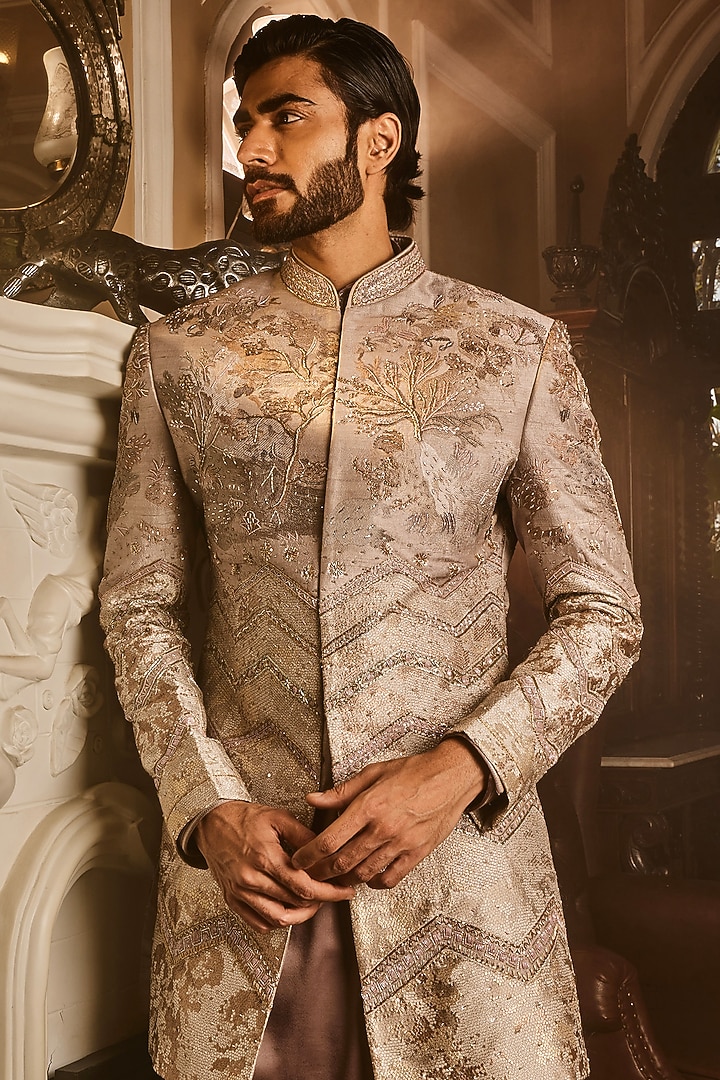 Ash Grey Raw Silk Cutdana Hand Embroidered Wedding Indowestern Set by ASUKA at Pernia's Pop Up Shop