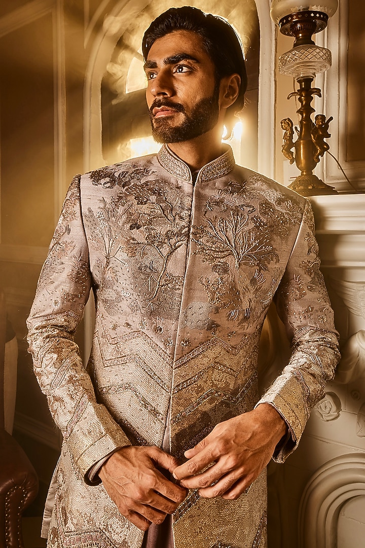 Ash Grey Raw Silk Cutdana Hand Embroidered Wedding Indowestern Set by ASUKA at Pernia's Pop Up Shop