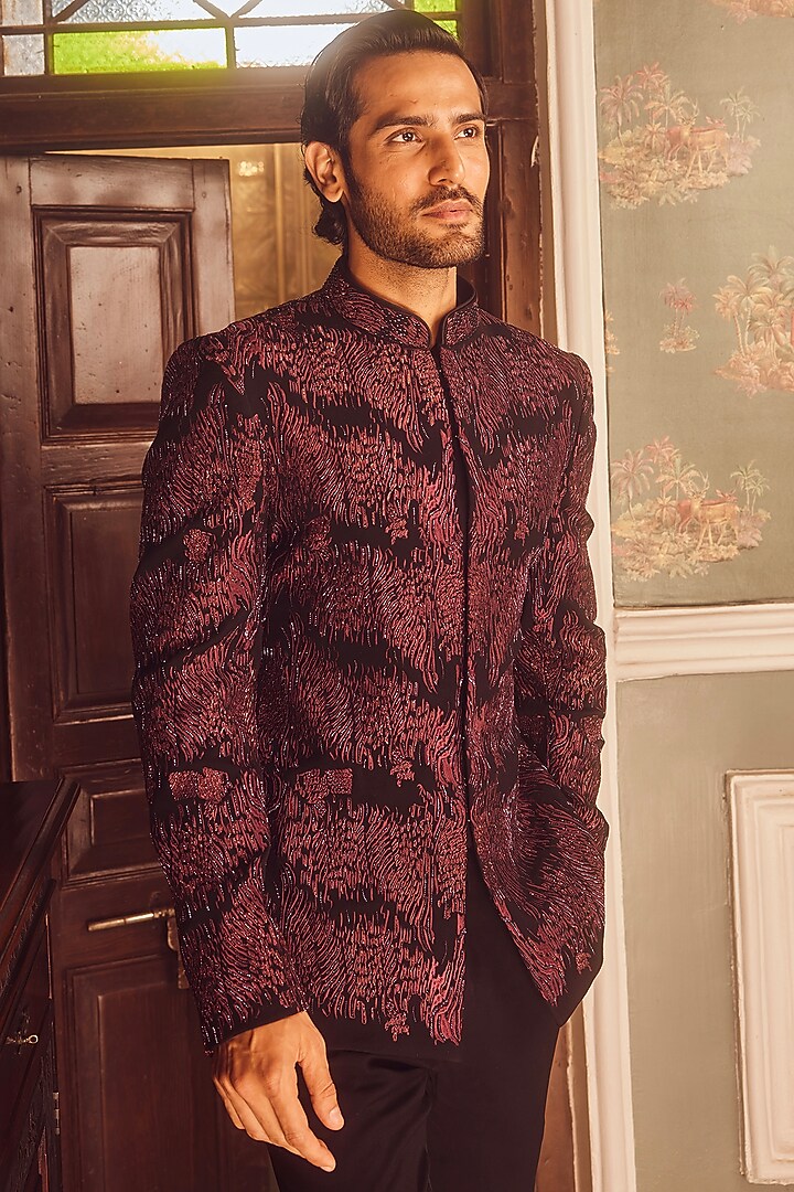 Wine Lachka Cutdana Embroidered Wedding Bandhgala Set by ASUKA at Pernia's Pop Up Shop