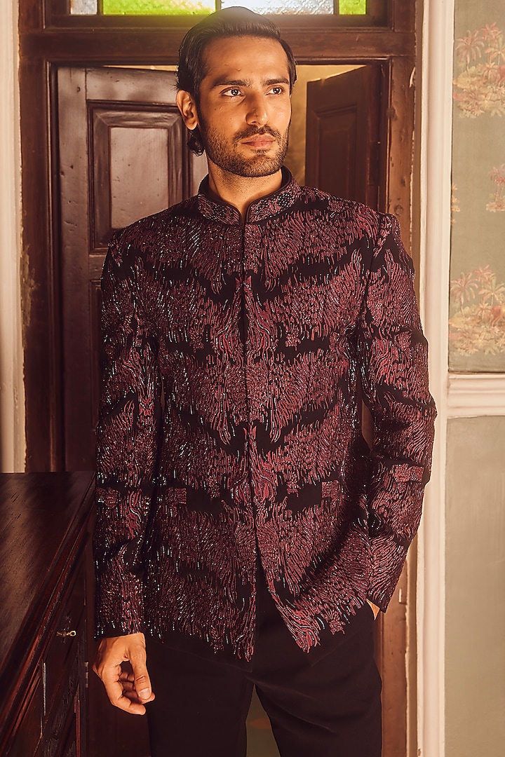Wine Lachka Cutdana Embroidered Wedding Bandhgala Set by ASUKA at Pernia's Pop Up Shop