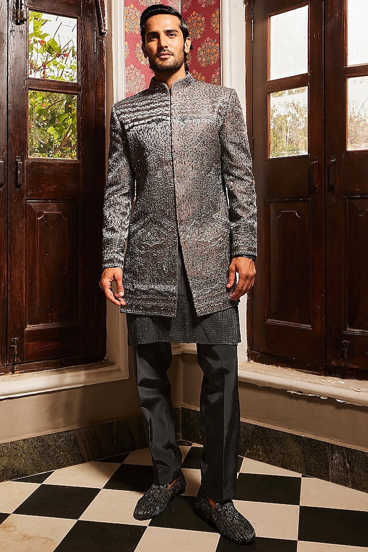 Charcoal Grey Raw Silk Hand Embroidered Indowestern Set by ASUKA