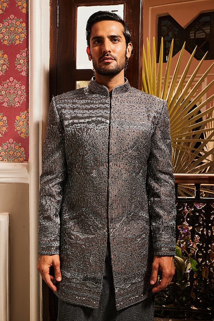 Charcoal Grey Raw Silk Hand Embroidered Wedding Indowestern Set by ASUKA at Pernia's Pop Up Shop