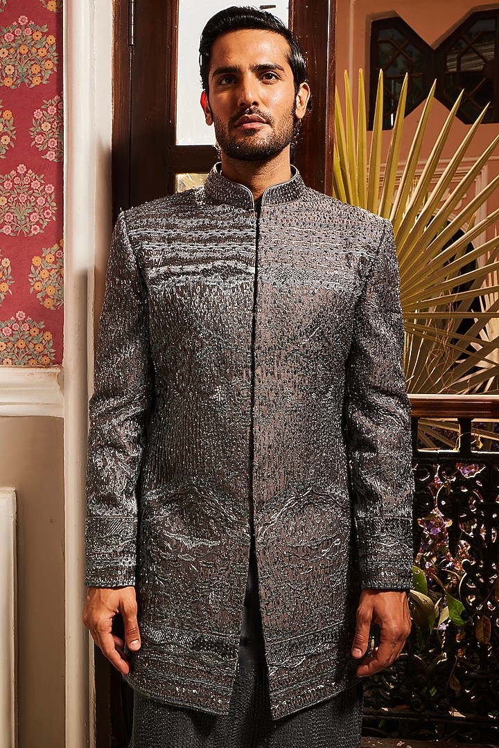 Charcoal Grey Raw Silk Hand Embroidered Wedding Indowestern Set by ASUKA at Pernia's Pop Up Shop