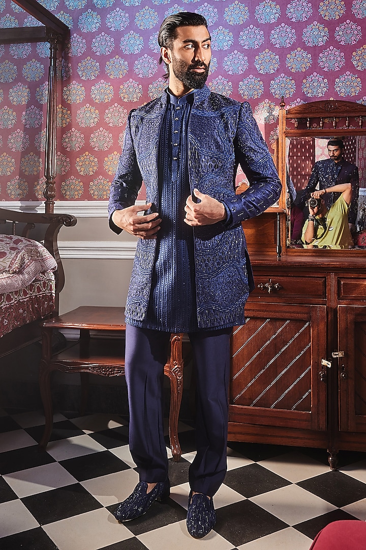 Navy Blue Raw Silk Cutdana Embroidered Indowestern Set by ASUKA