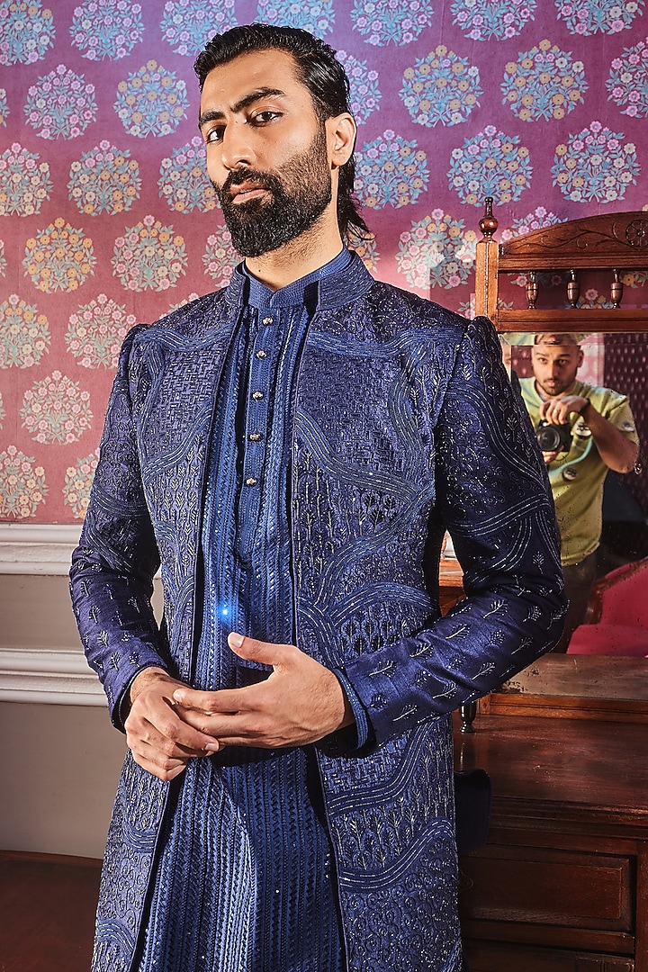 Navy Blue Raw Silk Cutdana Embroidered Groom Indowestern Set by ASUKA at Pernia's Pop Up Shop