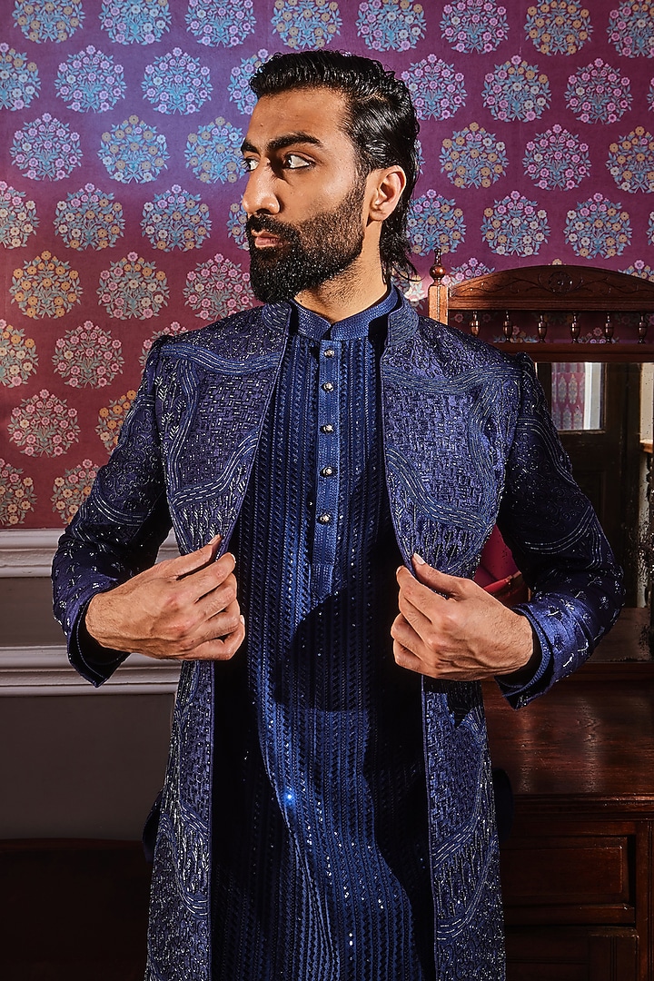 Navy Blue Raw Silk Cutdana Embroidered Groom Indowestern Set by ASUKA at Pernia's Pop Up Shop
