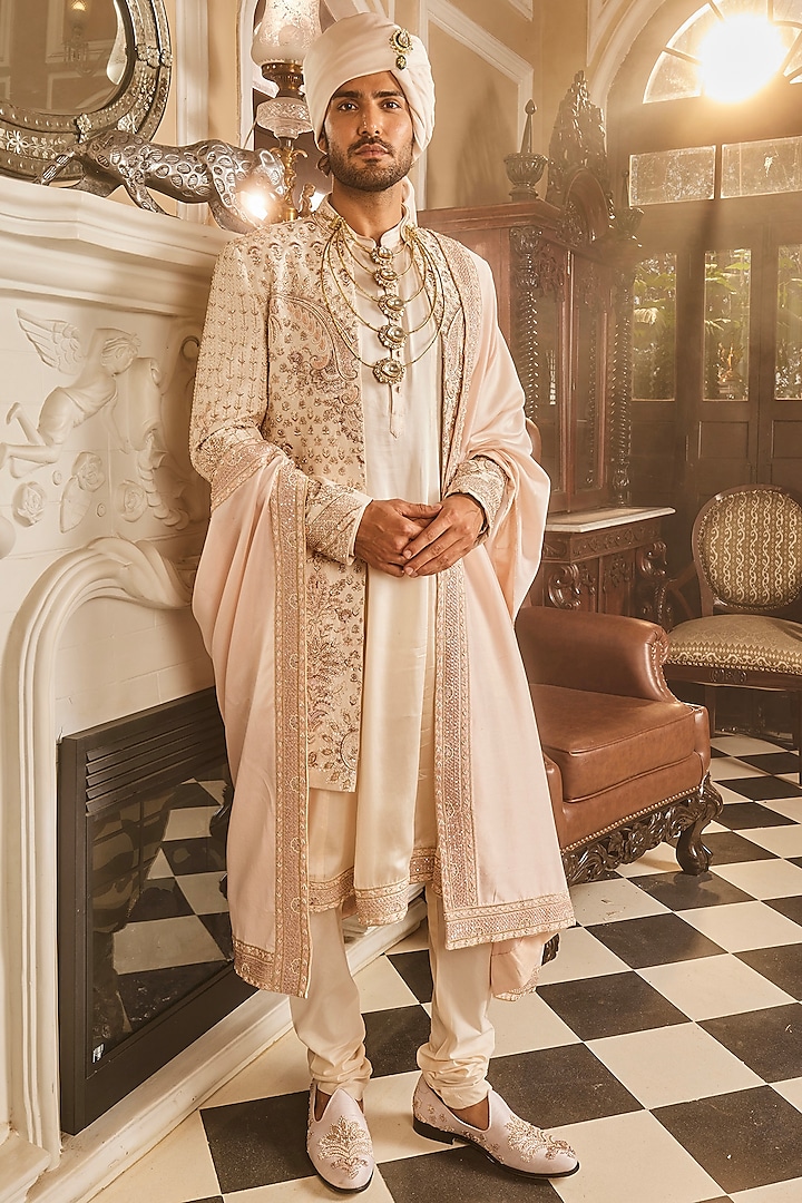 Ivory Raw Silk Hand Embroidered Sherwani Set by ASUKA