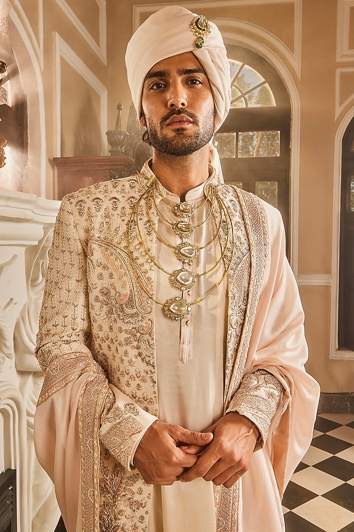 Ivory Raw Silk Hand Embroidered Groom Sherwani Set by ASUKA at Pernia's Pop Up Shop
