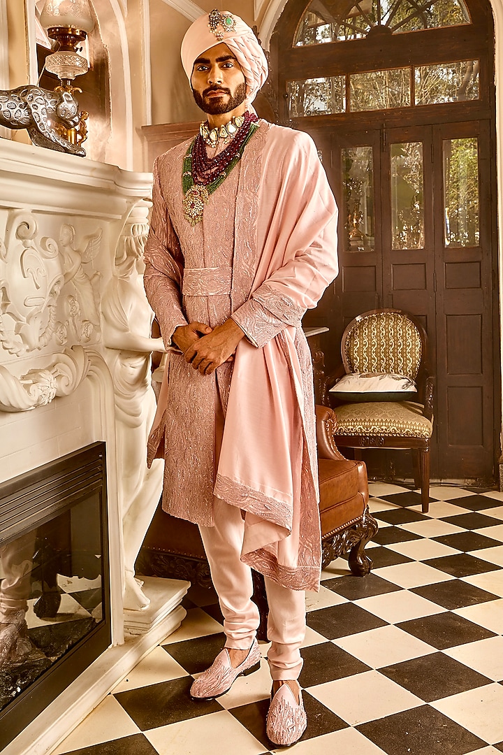 Pink Crepe & Raw Silk Hand Embroidered Sherwani by ASUKA