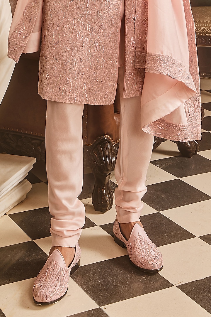 Pink Crepe & Raw Silk Hand Embroidered Groom Sherwani by ASUKA at Pernia's Pop Up Shop