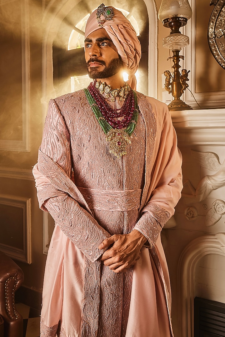 Pink Crepe & Raw Silk Hand Embroidered Groom Sherwani by ASUKA at Pernia's Pop Up Shop