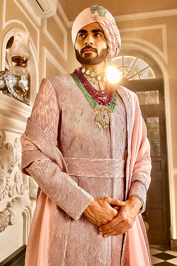 Pink Crepe & Raw Silk Hand Embroidered Groom Sherwani by ASUKA at Pernia's Pop Up Shop