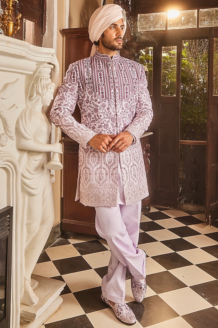 Lilac Ombre Raw Silk & Chanderi Dabka Embroidered Groom Sherwani Set by ASUKA at Pernia's Pop Up Shop