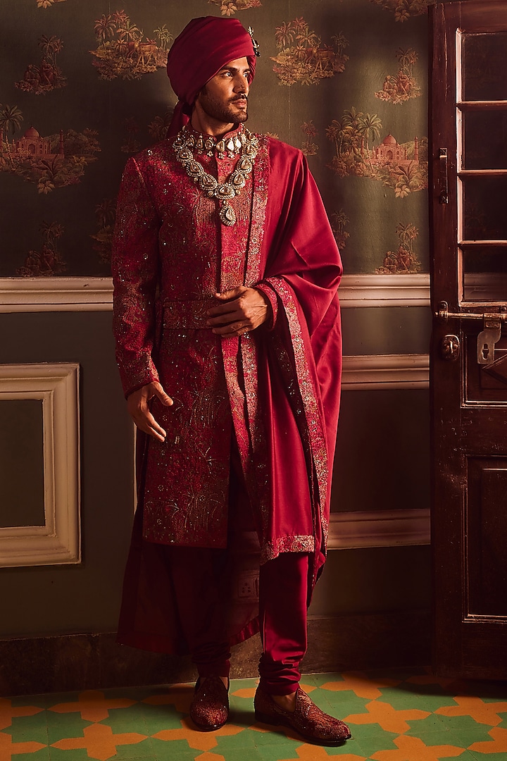 Wine Cotton Silk Resham Embroidered Sherwani Set by ASUKA