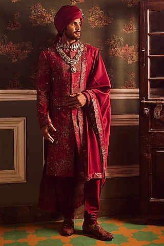 Wine Cotton Silk Resham Embroidered Sherwani Set by ASUKA