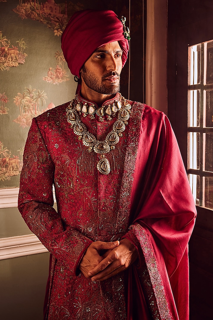 Wine Cotton Silk Resham Embroidered Groom Sherwani Set by ASUKA at Pernia's Pop Up Shop