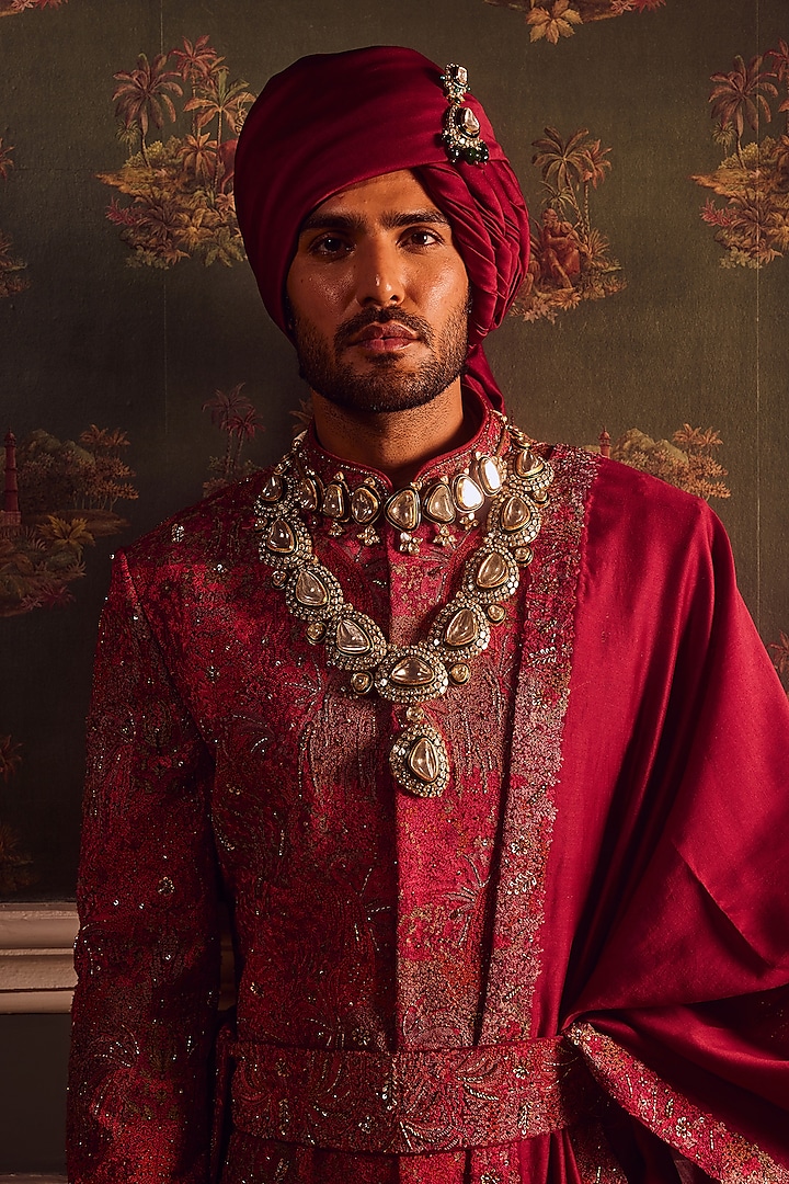 Wine Cotton Silk Resham Embroidered Groom Sherwani Set by ASUKA at Pernia's Pop Up Shop